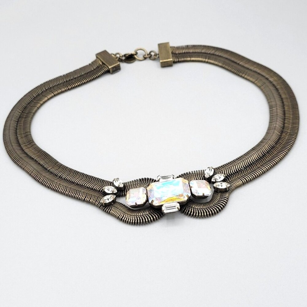 Loren Hope Bronze Tone Metal Necklace AB Crystals Chunky Herringbone Chain 22"